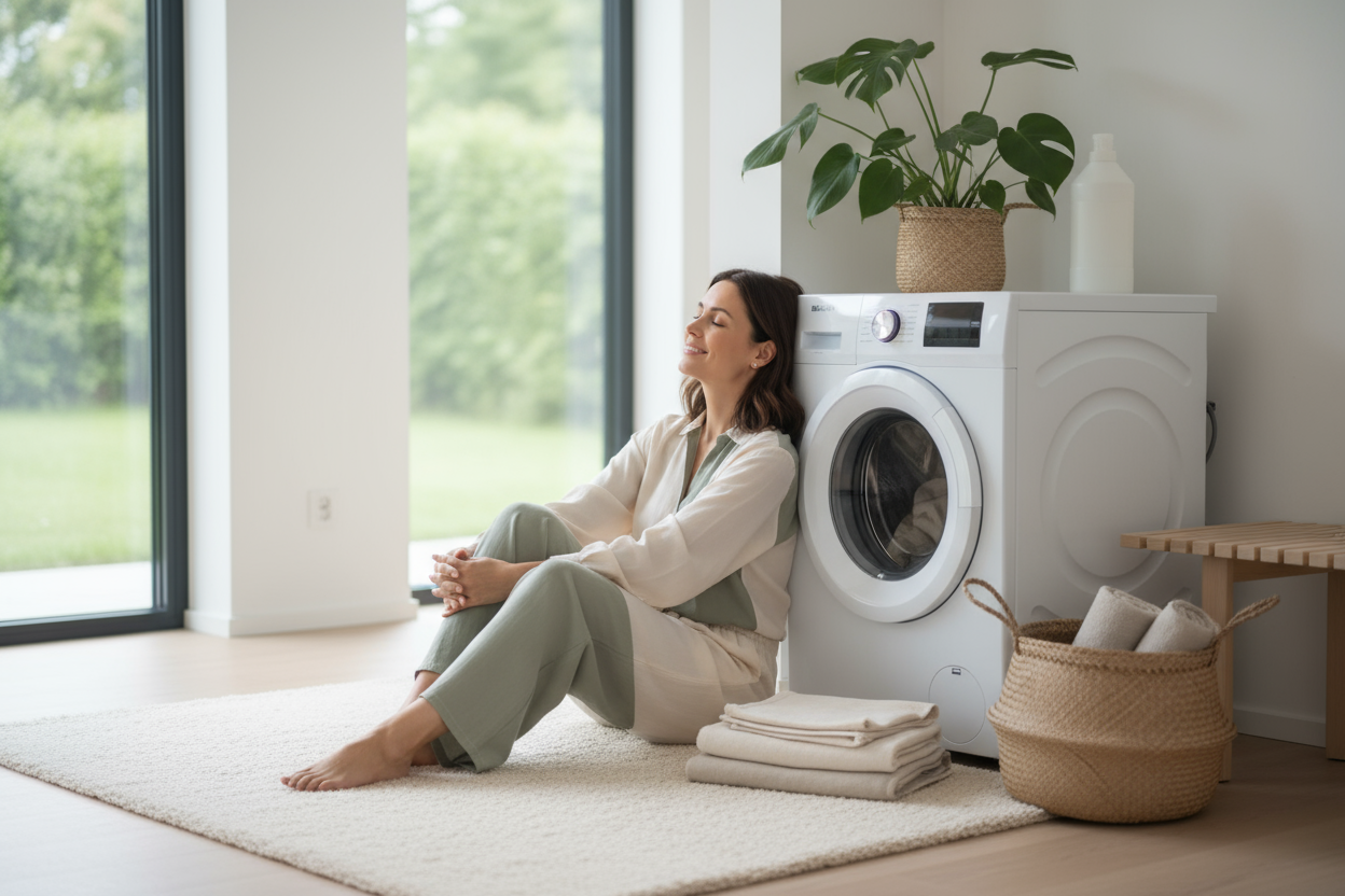 A serene, aesthetic lifestyle photo of a stylish woman in her early 30s sitting beside a modern white washing machine in a bright, minimal home interior. She looks peaceful and content, wearing soft neutral loungewear (beige, white, sage green). The space features natural light, clean lines, and soft textures like folded towels, plants, and linen baskets. No detergent bottles or logos visible. The mood is calm, premium, and elegant — Scandinavian-inspired with pastel tones. Feels like a self-care moment, no